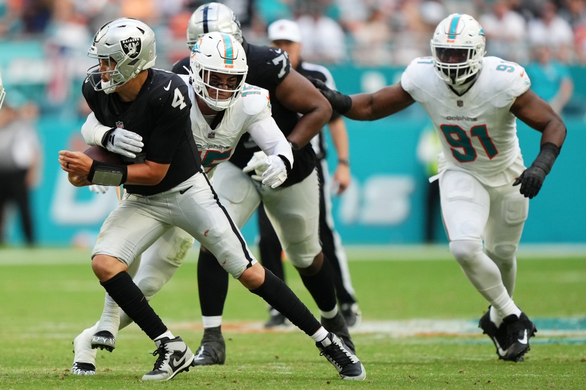 Las Vegas Raiders QB Aidan O'Connell was hit with a rude awakening in Sunday's loss to the Miami Dolphins.