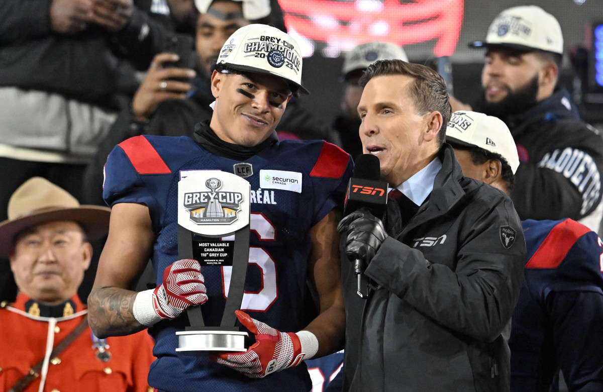Nov 19, 2023; Hamilton, Ontario, CAN; Montreal Alouettes wide receiver Tyson Philpot (6) is interviewed after being name the outstanding Canadian player after the Alouettes defeated the Winnipeg Blue Bombers at Tim Hortons Field. Mandatory Credit: Dan Hamilton-USA TODAY Sports