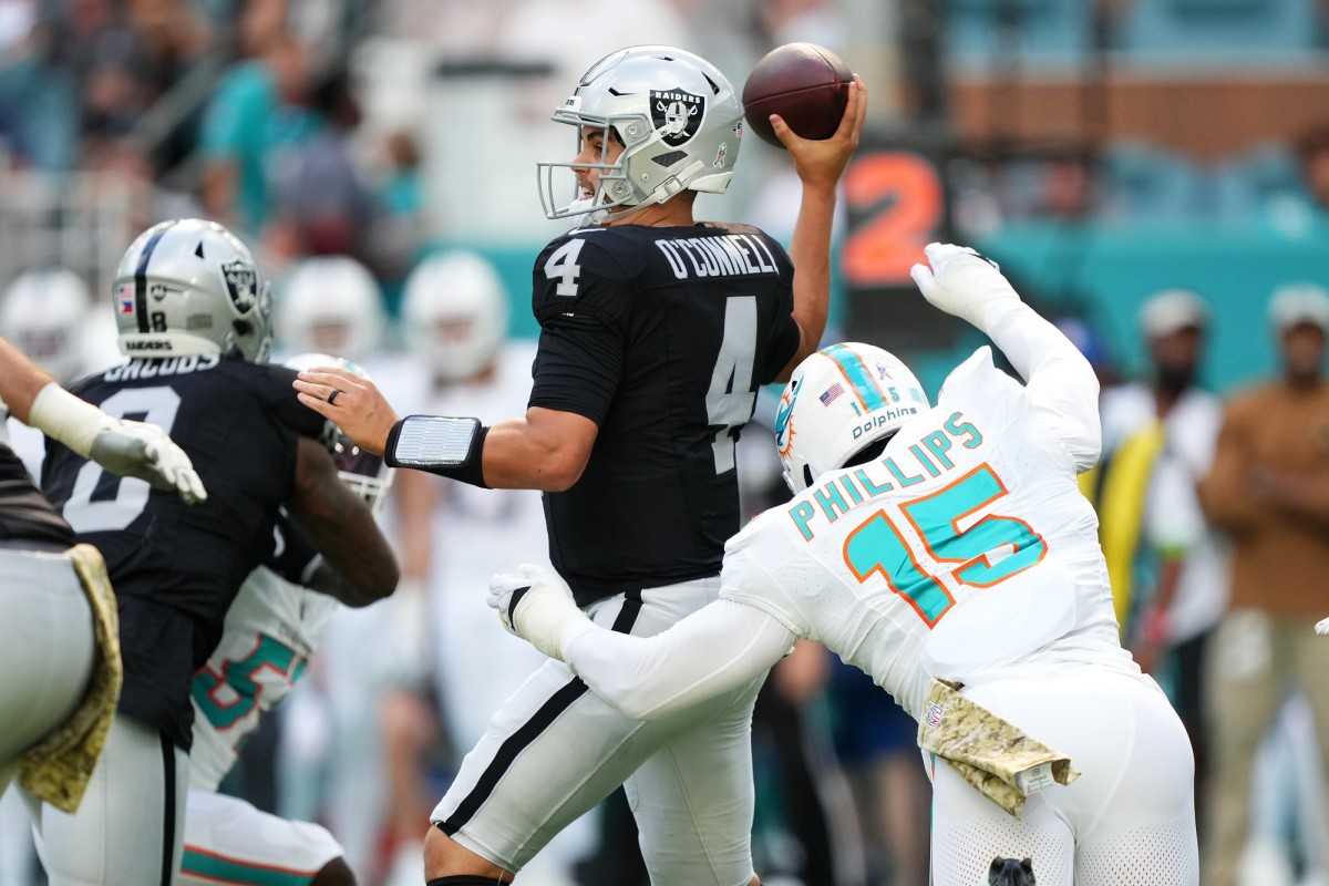 Raiders rookie quarterback Aidan O'Connell threw three interceptions against the Dolphins in Week 11.