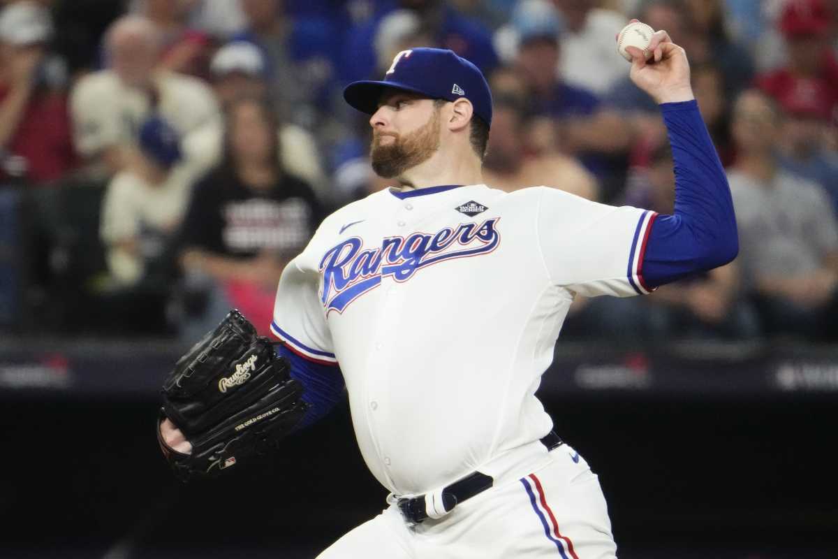 Texas Rangers starting pitcher Jordan Montgomery (52) throws a pitch against the Arizona Diamondbacks during the second inning in game two of the 2023 World Series at Globe Life Field on Oct. 28, 2023, Arlington, Texas.  