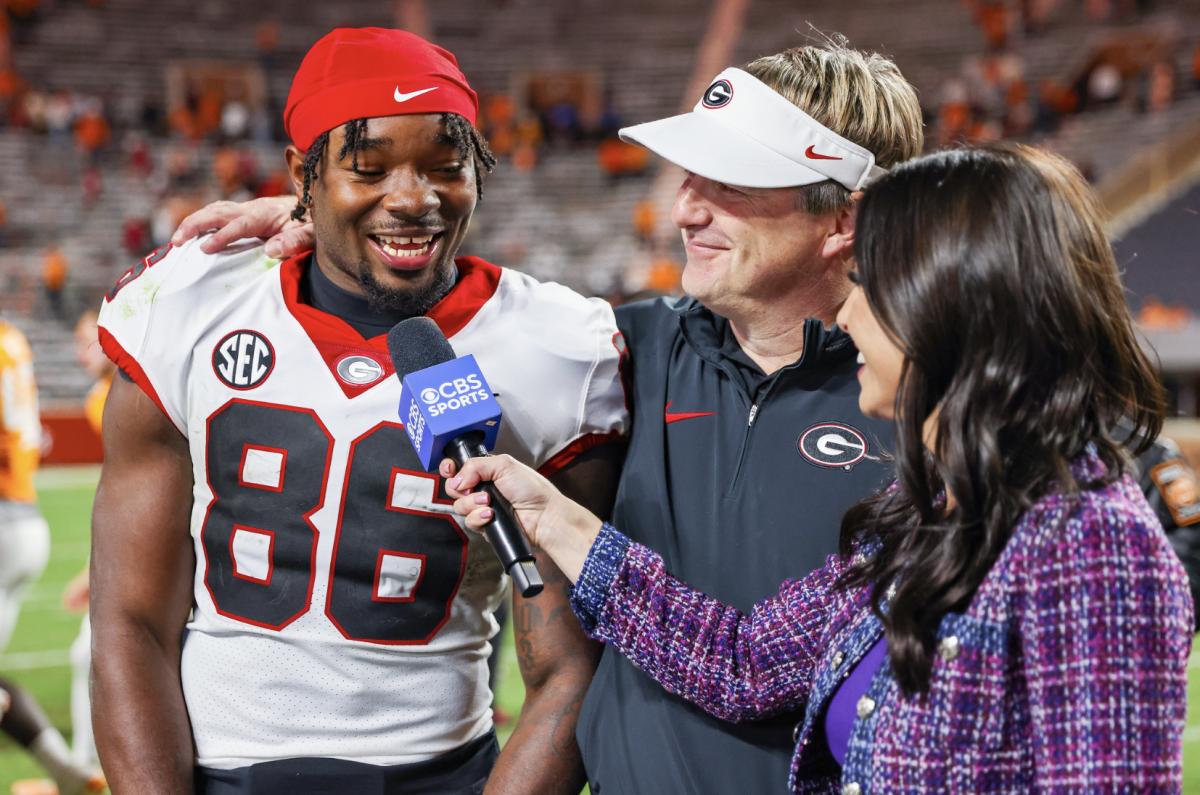 Georgia wide receiver Dillon Bell, Georgia head coach Kirby Smart after Georgia’s game against Tennessee at Neyland Stadium in Knoxville, Tenn., on Saturday, Nov. 18, 2023. (Tony Walsh/UGAAA)