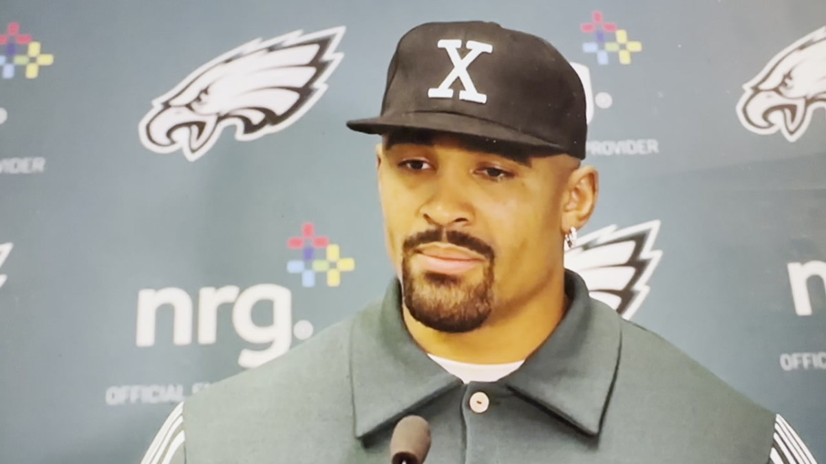 Jalen Hurts talks after Philadelphia Eagles beat Kansas City Chiefs, 21-17, in Week 11