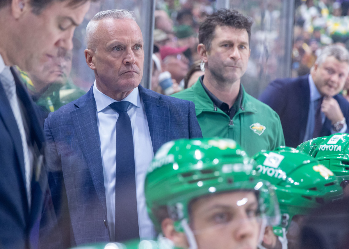 Jan 28, 2023; Saint Paul, Minnesota, USA; Minnesota Wild head coach Dean Evason watches his team against the Buffalo Sabres in the third period at Xcel Energy Center.