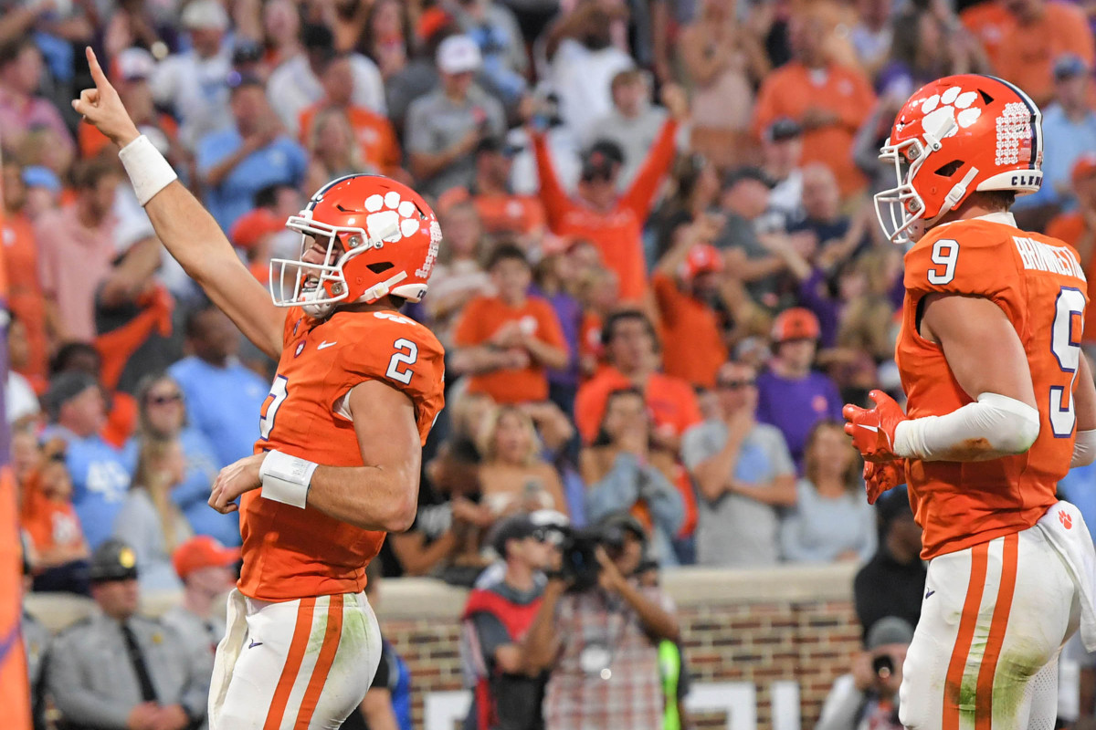 Cade Klubnik and Jake Briningstool celebrating after a touchdown scored against North Carolina (18th Nov., 2023)