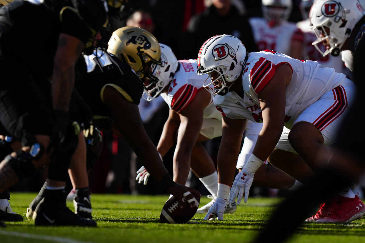 Boulder, Colorado, USA; Utah Utes defensive tackle Simote Pepa (77) lines ups across from the Colorado Buffaloes in the first quarter at Folsom Field