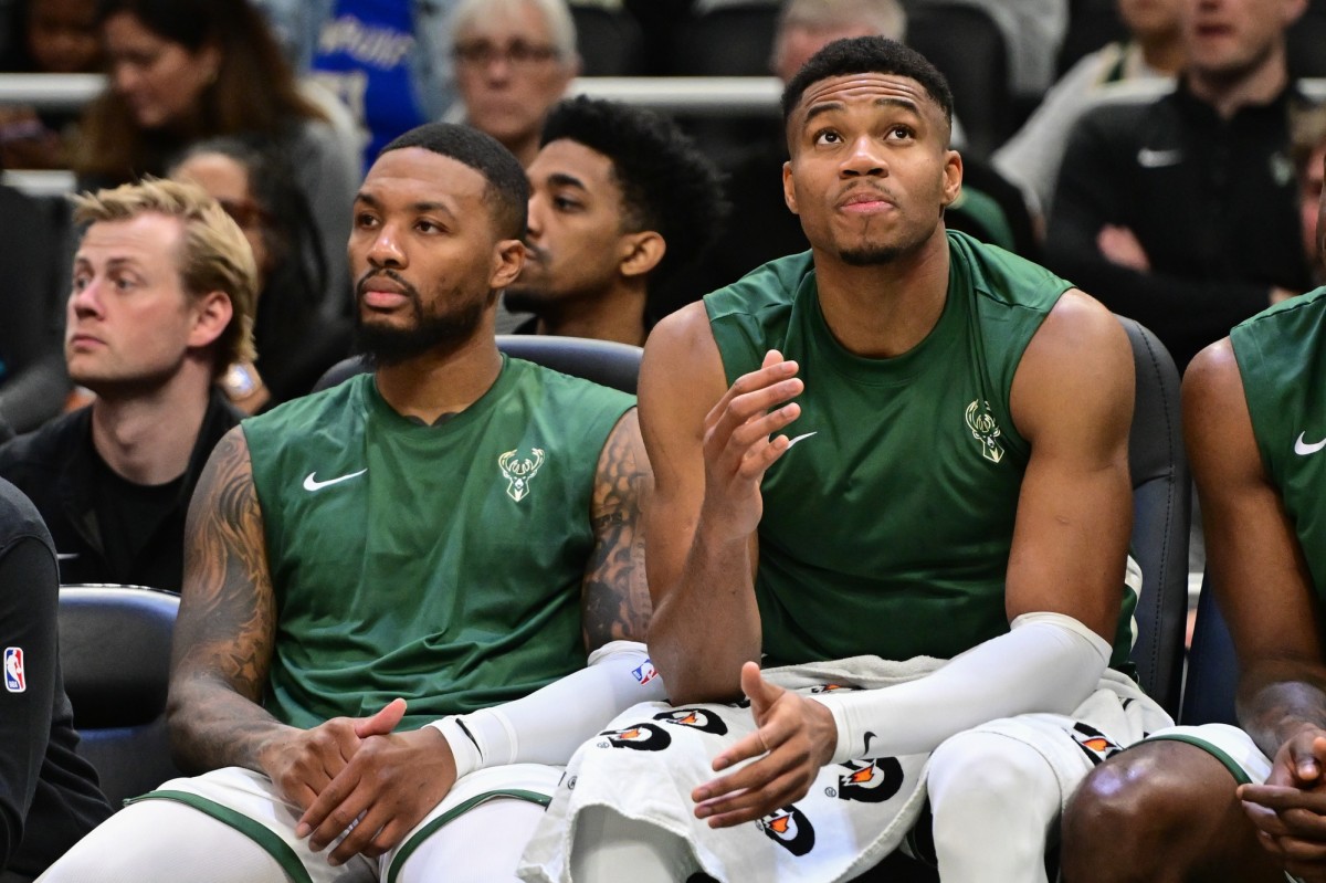 Milwaukee Bucks forward Giannis Antetokounmpo (34) and guard Damian Lillard (0) 