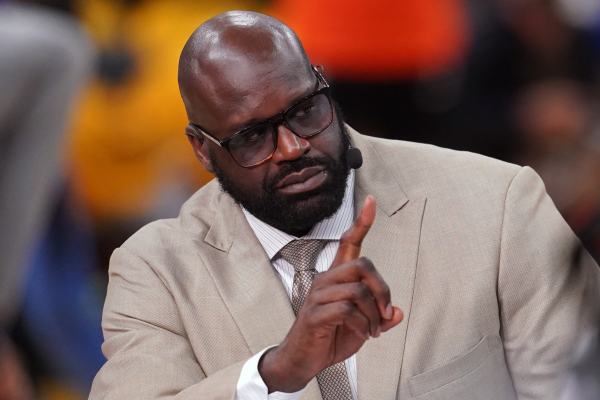 Shaquille O'Neal speaks before Game 2 of the 2022 NBA Finals between the Golden State Warriors and the Boston Celtics at Chase Center.