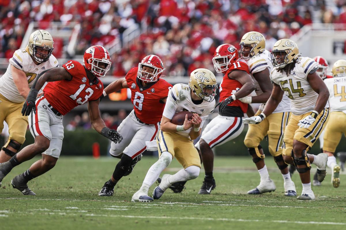 Georgia defensive lineman Mykel Williams, Georgia outside linebacker MJ Sherman during Georgia’s game for the Governor’s Cup against Georgia Tech on Dooley Field at Sanford Stadium in Athens, Ga., on Saturday, Nov. 26, 2022. (Photo by Tony Walsh)