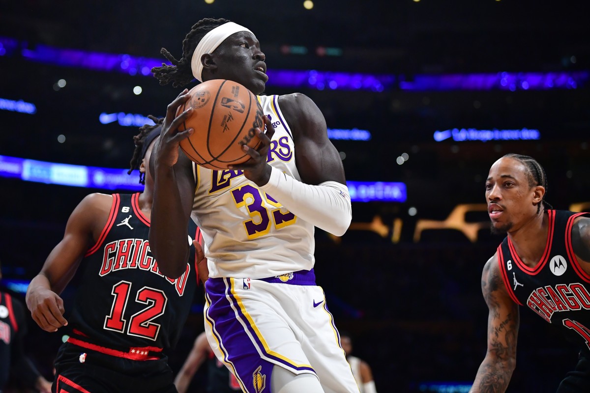  Los Angeles Lakers forward Wenyen Gabriel (35) gets the rebound against the Chicago Bulls during the first half at Crypto.com Arena.