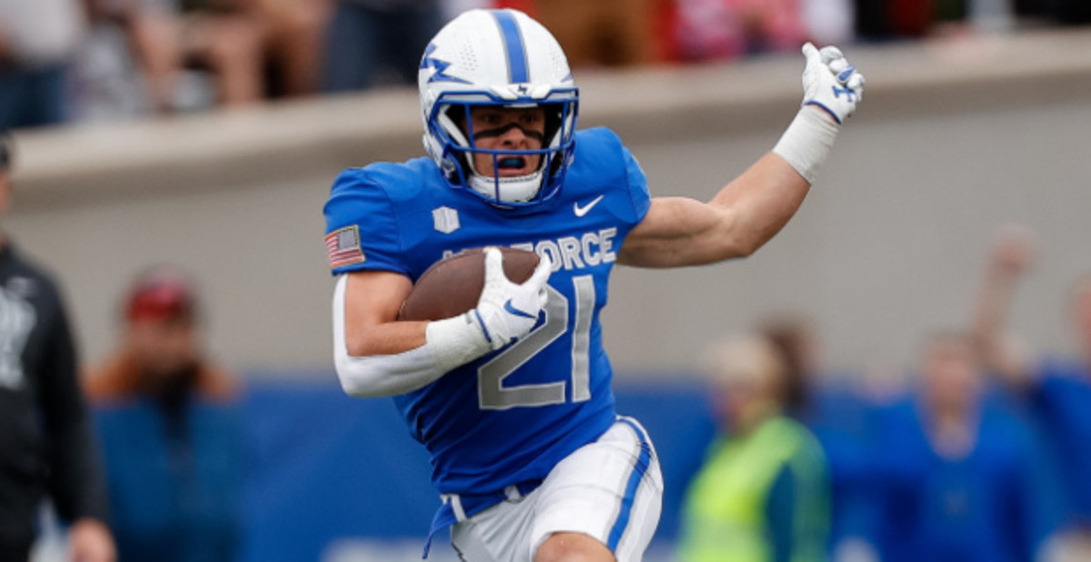 Air Force Falcons wide receiver Cade Harris catches a pass during a college football game in the Mountain West.