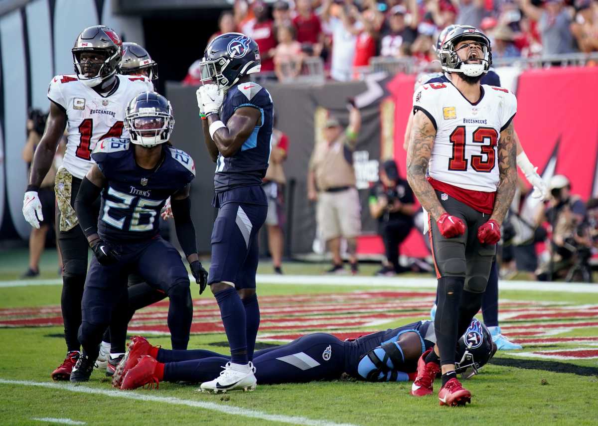 Tampa Bay Buccaneers wide receiver Mike Evans (13) celebrates his touchdown against the Tennessee Titans during the third quarter at Raymond James Stadium in Tampa, Fla., Sunday, Nov. 12, 2023.