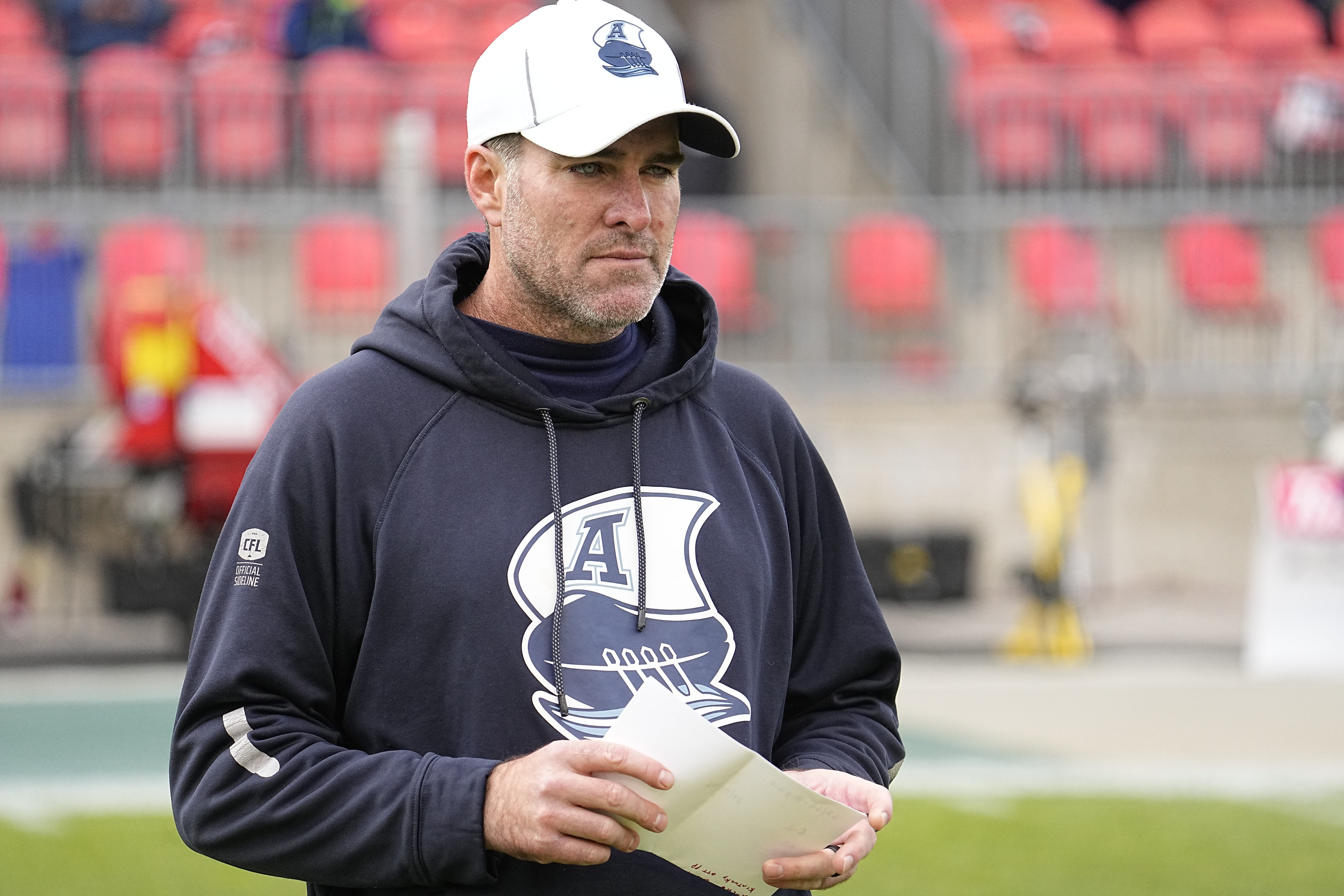 Nov 13, 2022; Toronto, Ontario, CAN; Toronto Argonauts head coach Ryan Dinwiddie during warm up before a game against the Montreal Alouettes at BMO Field. Mandatory Credit: John E. Sokolowski-USA TODAY Sports