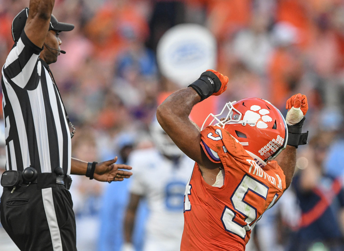 Jeremiah Trotter Jr. celebrating after sacking Drake Maye (18th Nov., 2023)