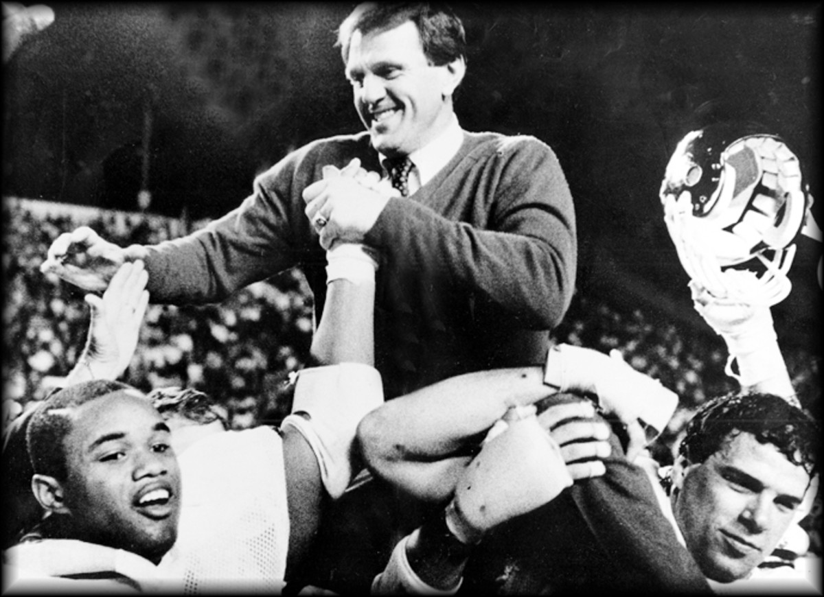 A newspaper photo of Texas A&M Aggies coach Jackie Sherrill on the shoulders of his players on Kyle Field following a win.