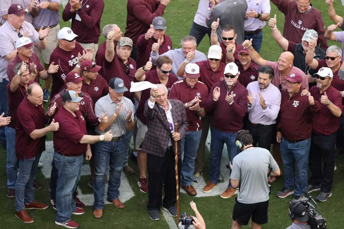 Nov. 18, 2023; College Station: Former Texas A&M coach Jackie Sherrill stands on Kyle Field to be honored alongside former players during the first half of the Aggies' home matchup against Abilene Christian