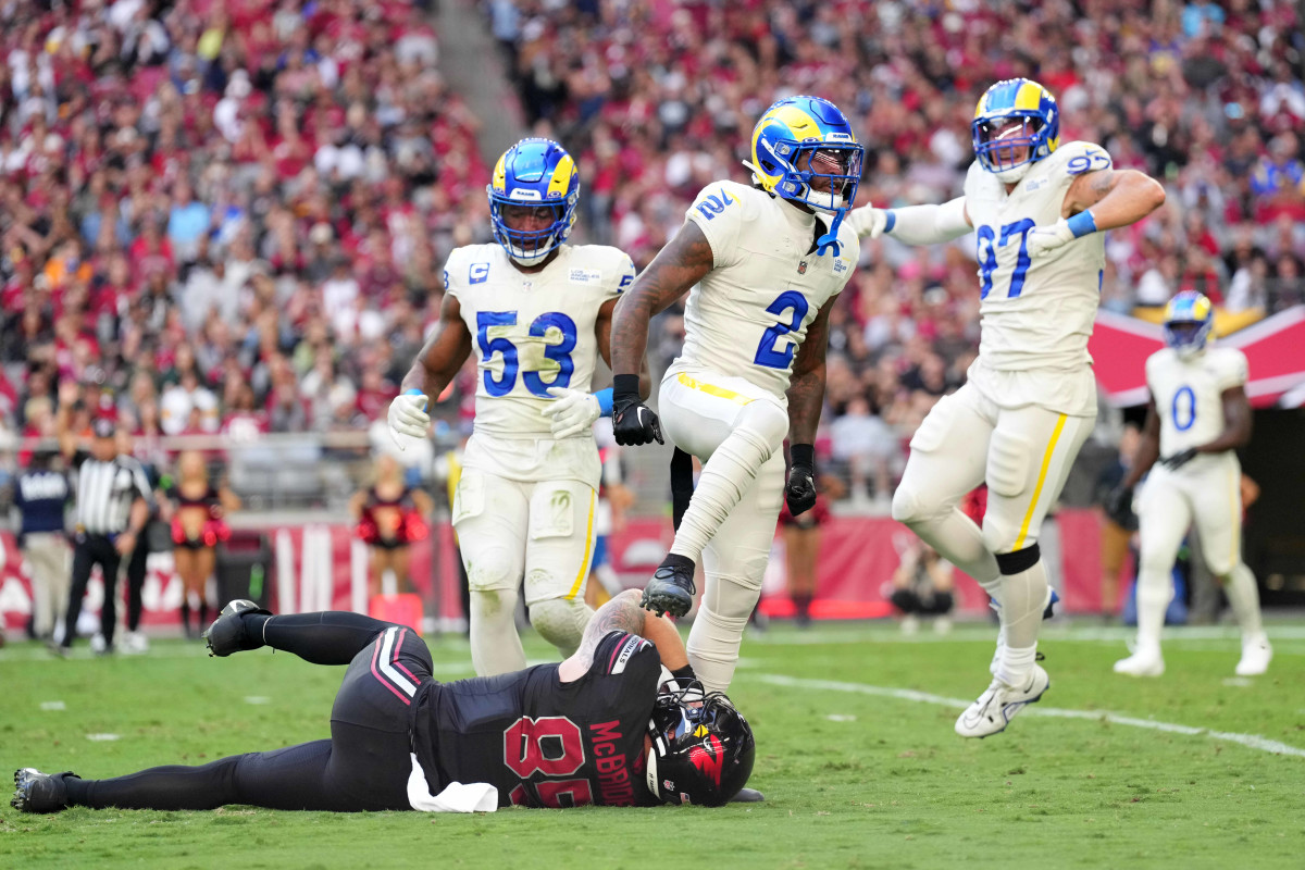 Rams defensive back Russ Yeast and linebacker Ernest Jones IV celebrate a stop in Week 12.