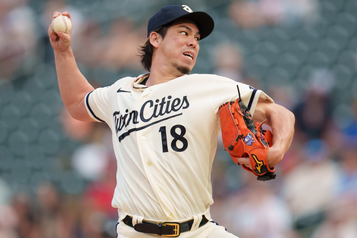 Aug 28, 2023; Minneapolis, Minnesota, USA; Minnesota Twins starting pitcher Kenta Maeda (18) pitches in the first inning against the Cleveland Guardians at Target Field.