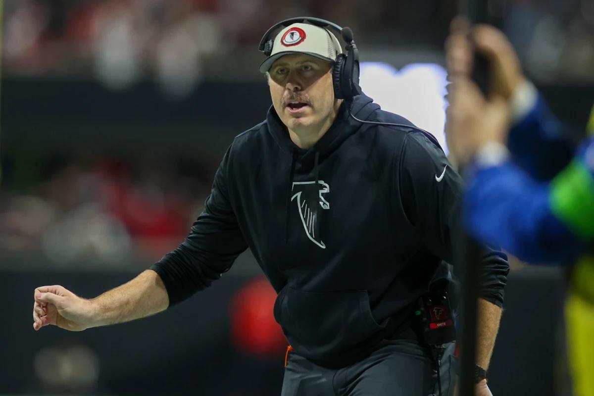 Nov 26, 2023; Atlanta, Georgia, USA; Atlanta Falcons head coach Arthur Smith on the sideline against the New Orleans Saints in the first quarter at Mercedes-Benz Stadium.