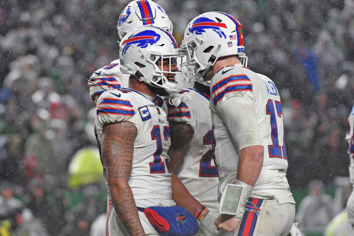 Buffalo Bills wide receiver Gabe Davis (13) celebrates touchdown with quarterback Josh Allen (17) during the fourth quarter against the Philadelphia Eagles at Lincoln Financial Field.