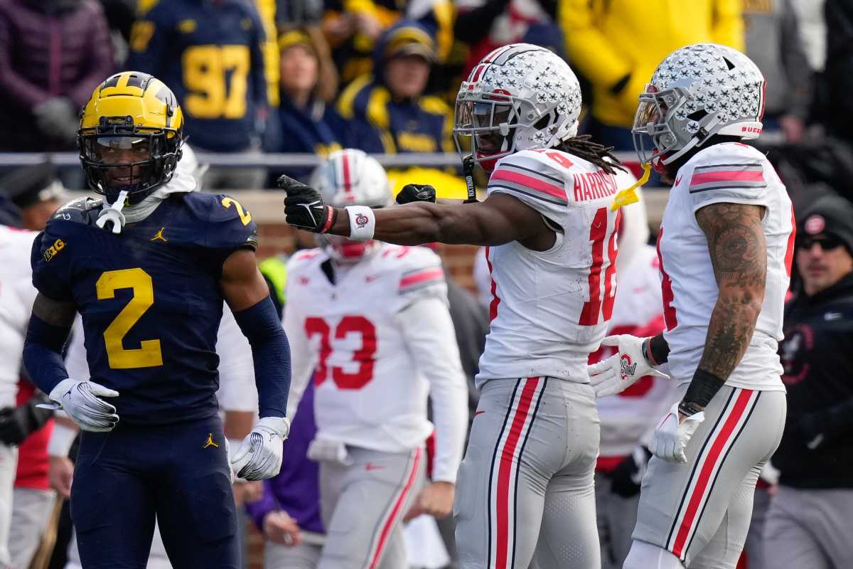 Ohio State Buckeyes wide receiver Marvin Harrison Jr. celebrates a big play against the Michigan Wolverines.