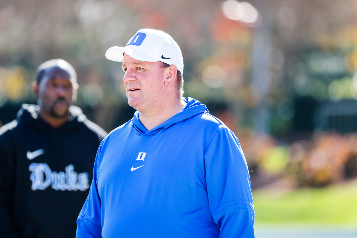 Nov 25, 2023; Durham, North Carolina, USA; Duke Blue Devils head coach Mike Elko looks on before the first half of the game against Pittsburgh Panthers at Wallace Wade Stadium.