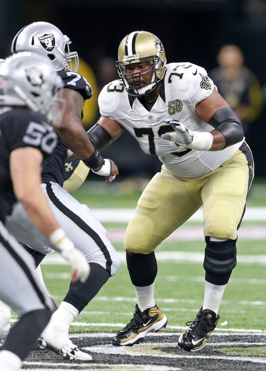 Sep 11, 2016; New Orleans Saints guard Jahri Evans (73) blocks against the Oakland Raiders. Mandatory Credit: Chuck Cook-USA TODAY Sports