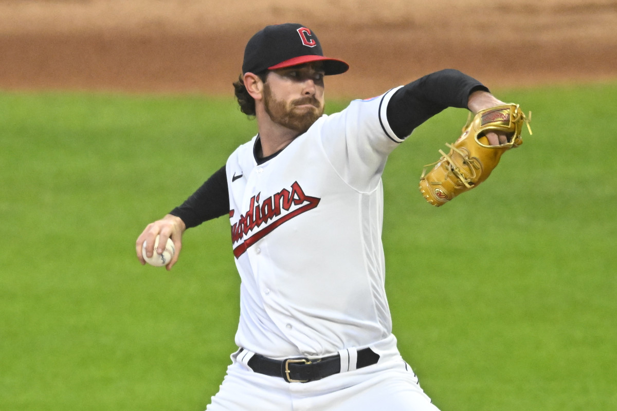 Sep 22, 2023; Cleveland, Ohio, USA; Cleveland Guardians starting pitcher Shane Bieber (57) delivers a pitch in the first inning against the Baltimore Orioles at Progressive Field.