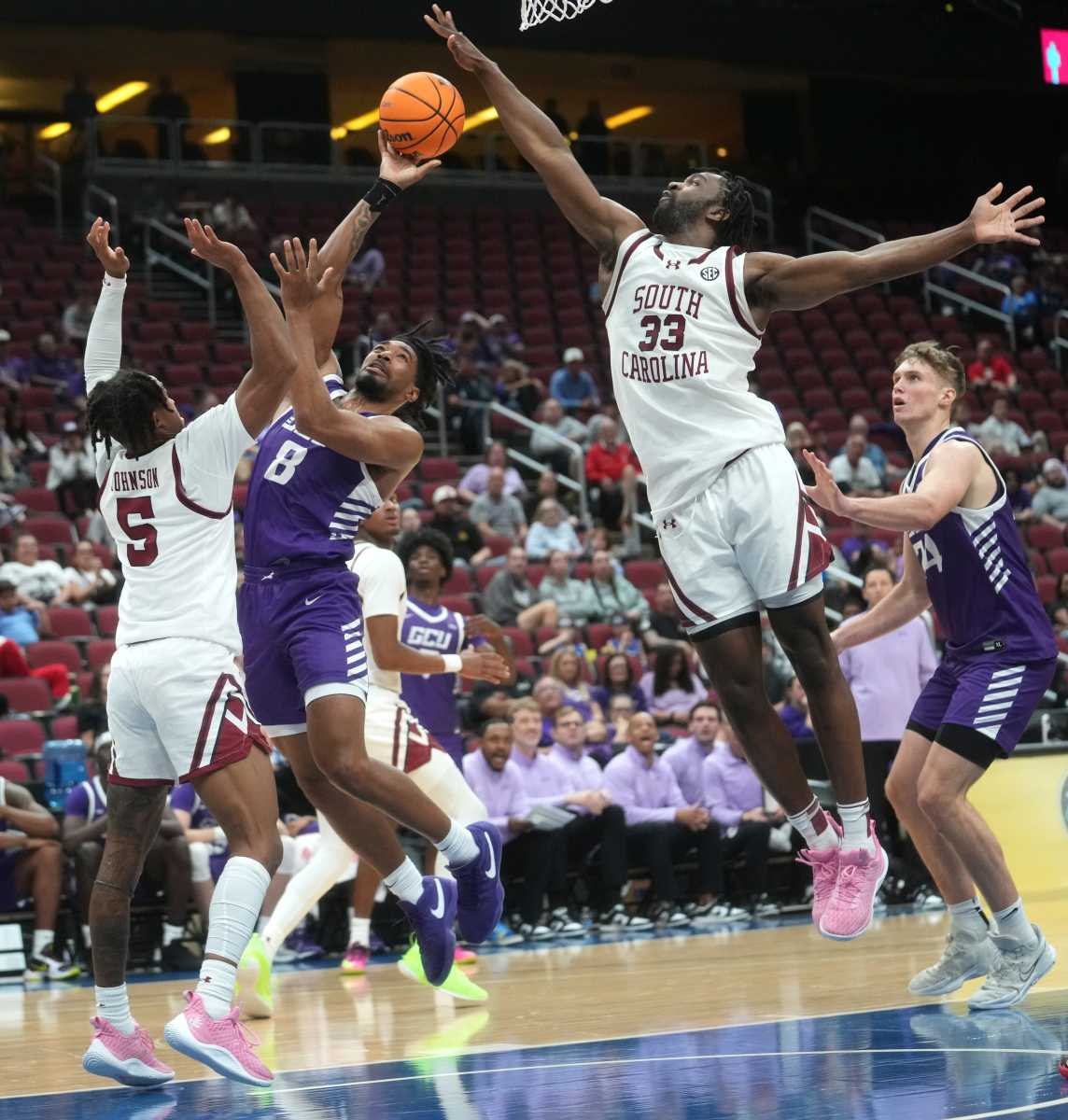 Josh Gray blocking the shot of Grand Canyon guard in the Arizona Tip-Off Invitational (19th Nov., 2023)