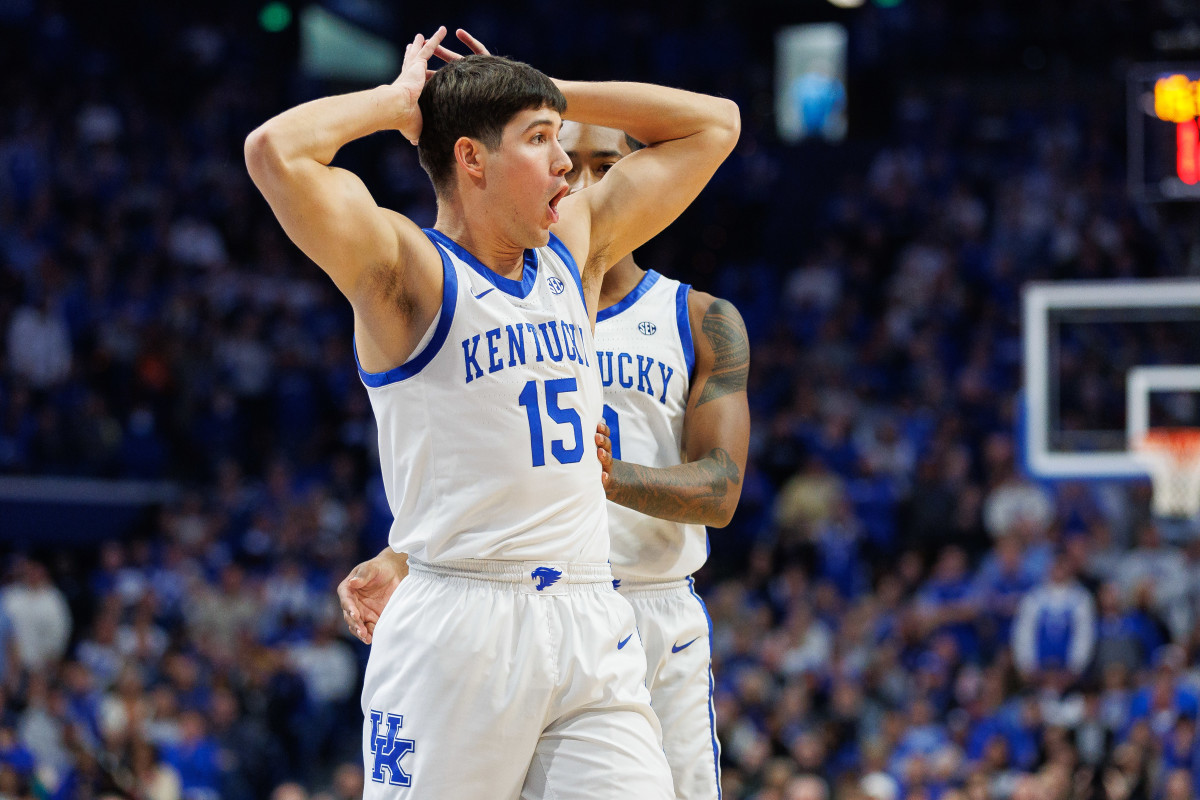 Nov 28, 2023; Lexington, Kentucky, USA; Kentucky Wildcats guard Reed Sheppard (15) reacts after being called for a foul during the first half against the Miami (Fl) Hurricanes at Rupp Arena at Central Bank Center. Mandatory Credit: Jordan Prather-USA TODAY Sports