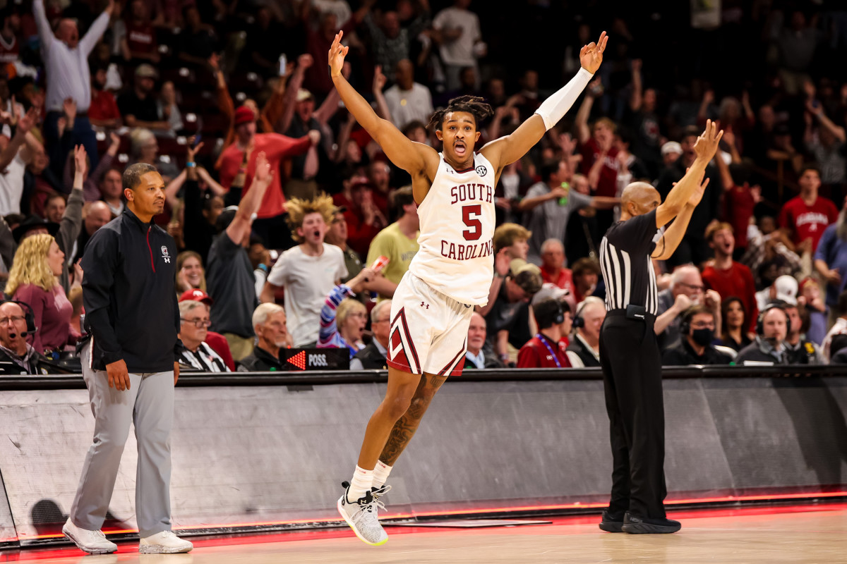 Meechie Johnson celebrating after hitting a big three (Feb 22nd, 2023)