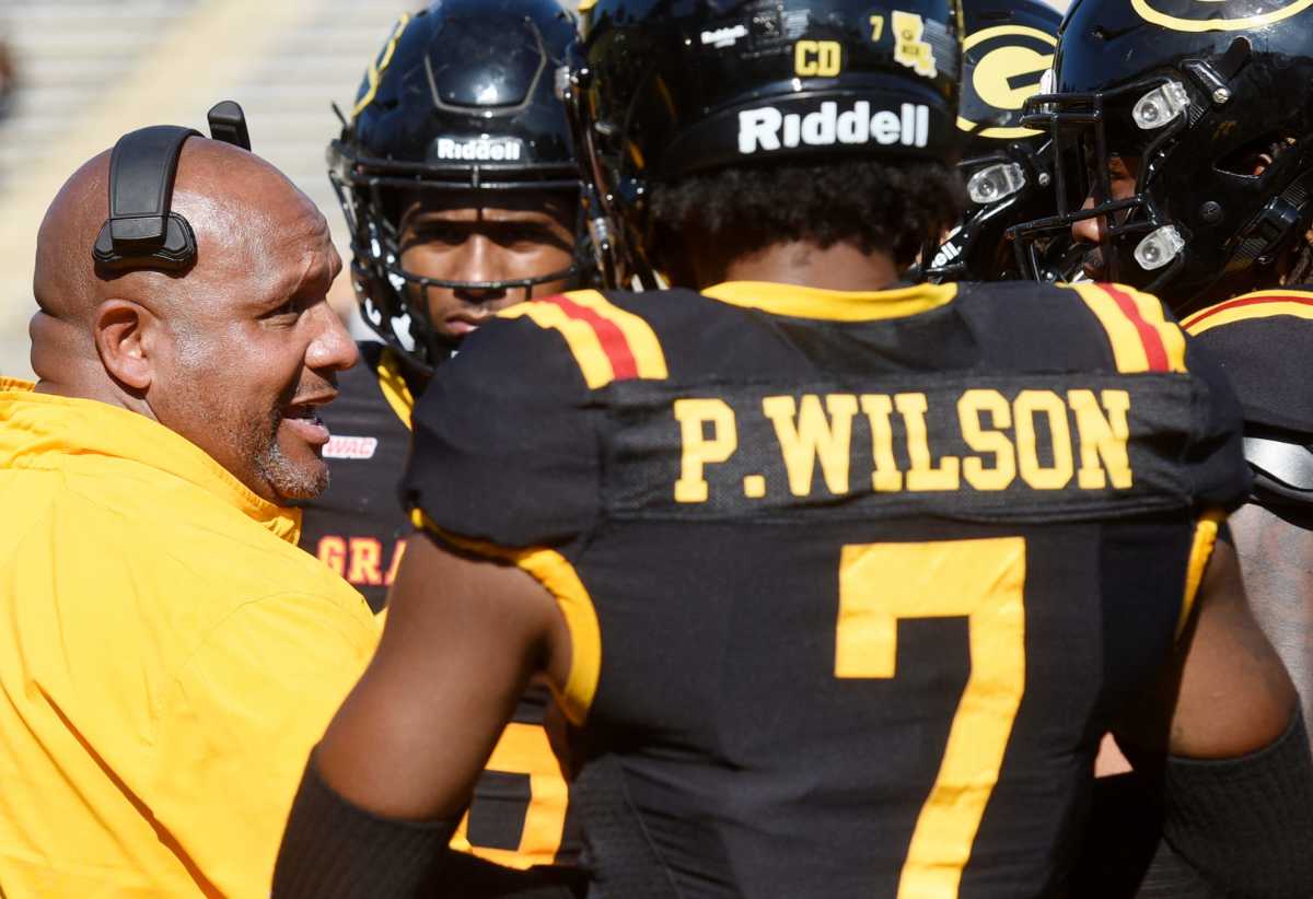 Grambling's head coach Hue Jackson talks with his team during the Tigers' game against Arkansas-Pine Bluff Saturday afternoon, November 5, 2022, at the Eddie G. Robinson Memorial Stadium at Grambling State University.