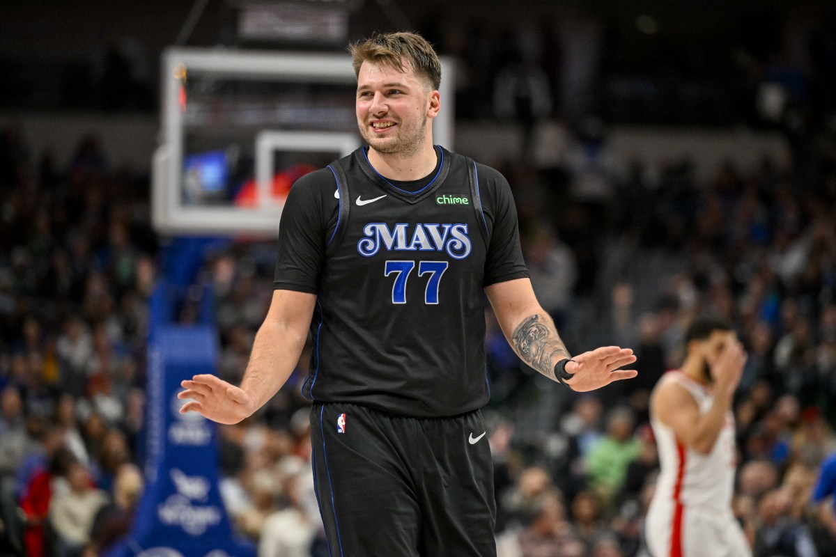 Dallas Mavericks guard Luka Doncic reacts to a foul call against the Houston Rockets during the second half at the American Airlines Center.