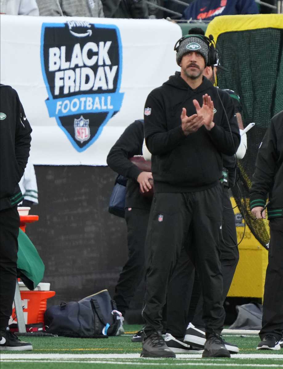 East Rutherford, NJ November 24, 2023 -- Aaron Rodgers on the Jets sideline in the first half as the Miami Dolphins defeated the NY Jets 34-13 at MetLife Stadium on November 24, 2023 in East Rutherford, NJ to play in the first Black Friday NFL game.