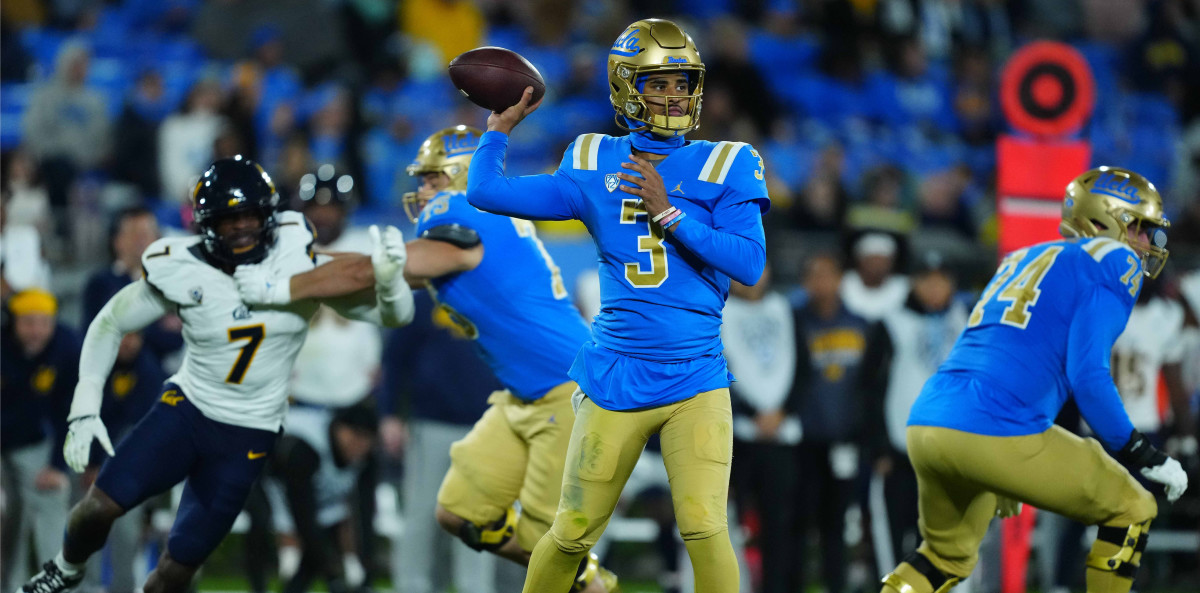 UCLA Bruins quarterback Dante Moore throws a pass against the California Golden Bears.