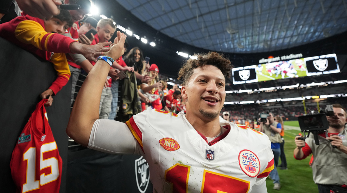 Chiefs quarterback Patrick Mahomes (15) leaves the field after the game against the Raiders at Allegiant Stadium.