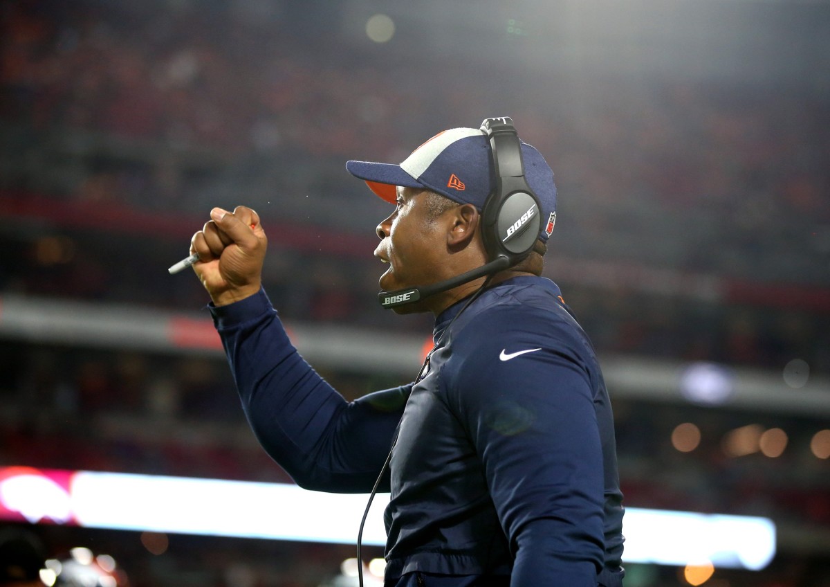 Denver Broncos head coach Vance Joseph reacts against the Arizona Cardinals at State Farm Stadium.