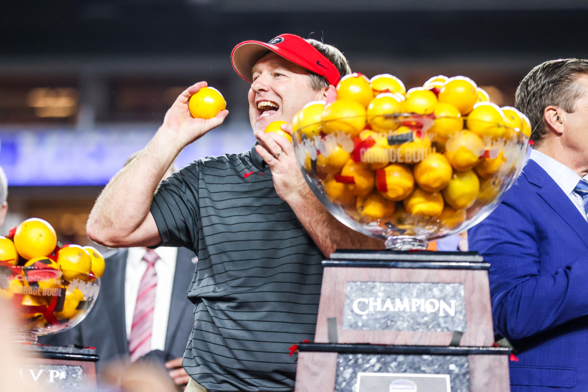 Georgia head coach Kirby Smart during the College Football Playoff semifinal game at the Capital Orange Bowl against Michigan at Hard Rock Stadium in Miami Gardens, Fla., on Friday, Dec. 31, 2021. (Photo by Tony Walsh)