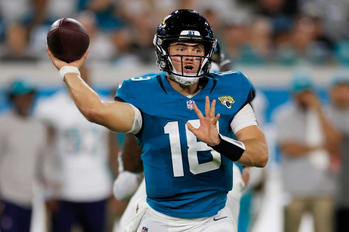 Jacksonville Jaguars quarterback Nathan Rourke (18) throws the ball during the fourth quarter of a preseason matchup Saturday, Aug. 26, 2023 at EverBank Stadium in Jacksonville, Fla. The game was suspended in the fourth after Miami Dolphins wide receiver Daewood Davis (87) was injured on a play with the Jaguars leading 31-18.