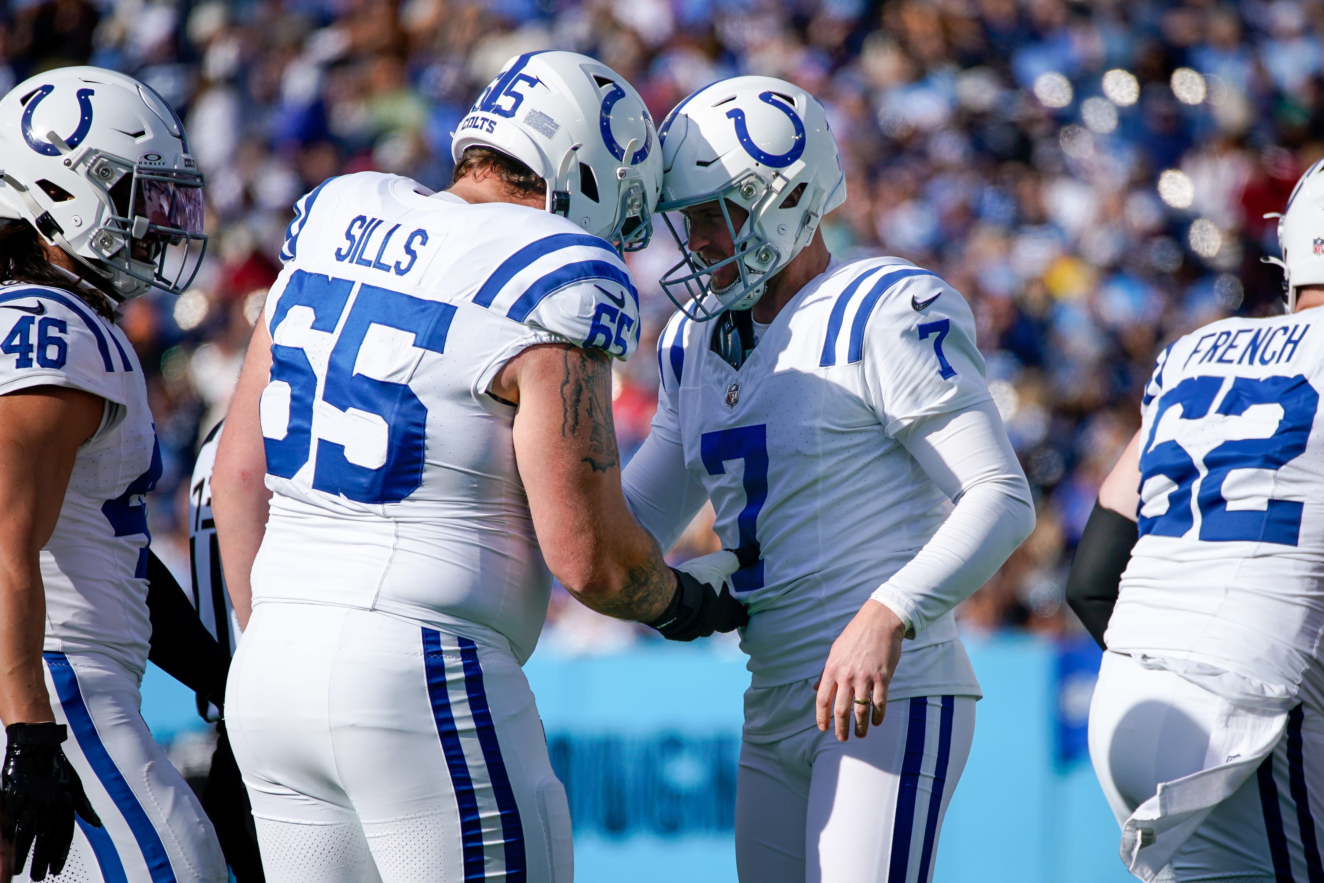 Indianapolis Colts place kicker Matt Gay (7) celebrates his field goal against the Tennessee Titans with guard Josh Sills (65) during the second quarter at Nissan Stadium in Nashville, Tenn., Sunday, Dec. 3, 2023.  