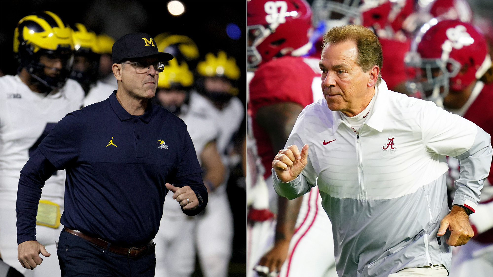 Jim Harbaugh and Nick Saban running out of the tunnel.