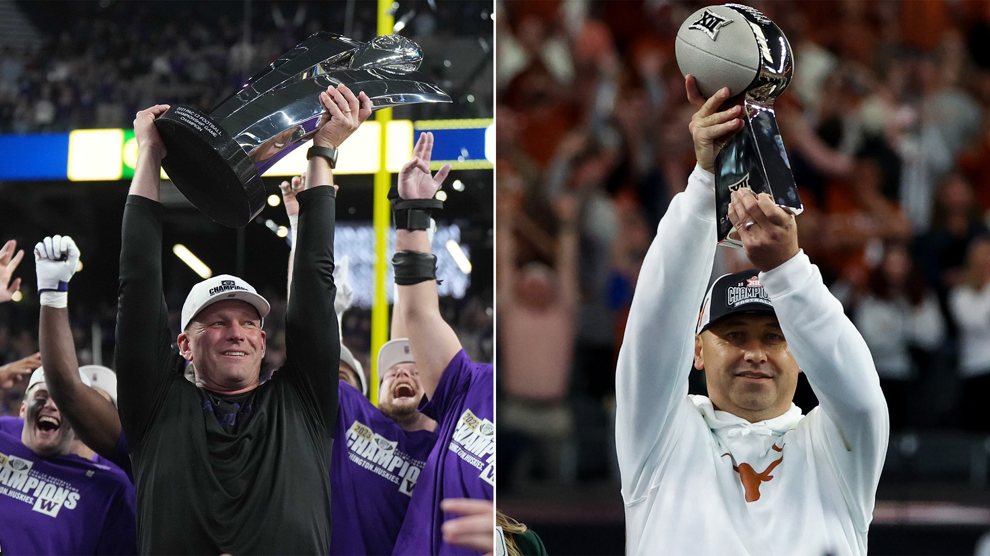 Kalen DeBoer and Steve Sarkisian lifting conference trophies.