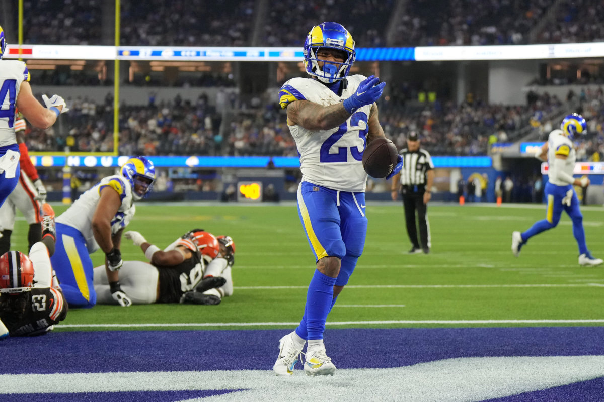 Los Angeles Rams running back Kyren Williams celebrates a touchdown against the Cleveland Browns.