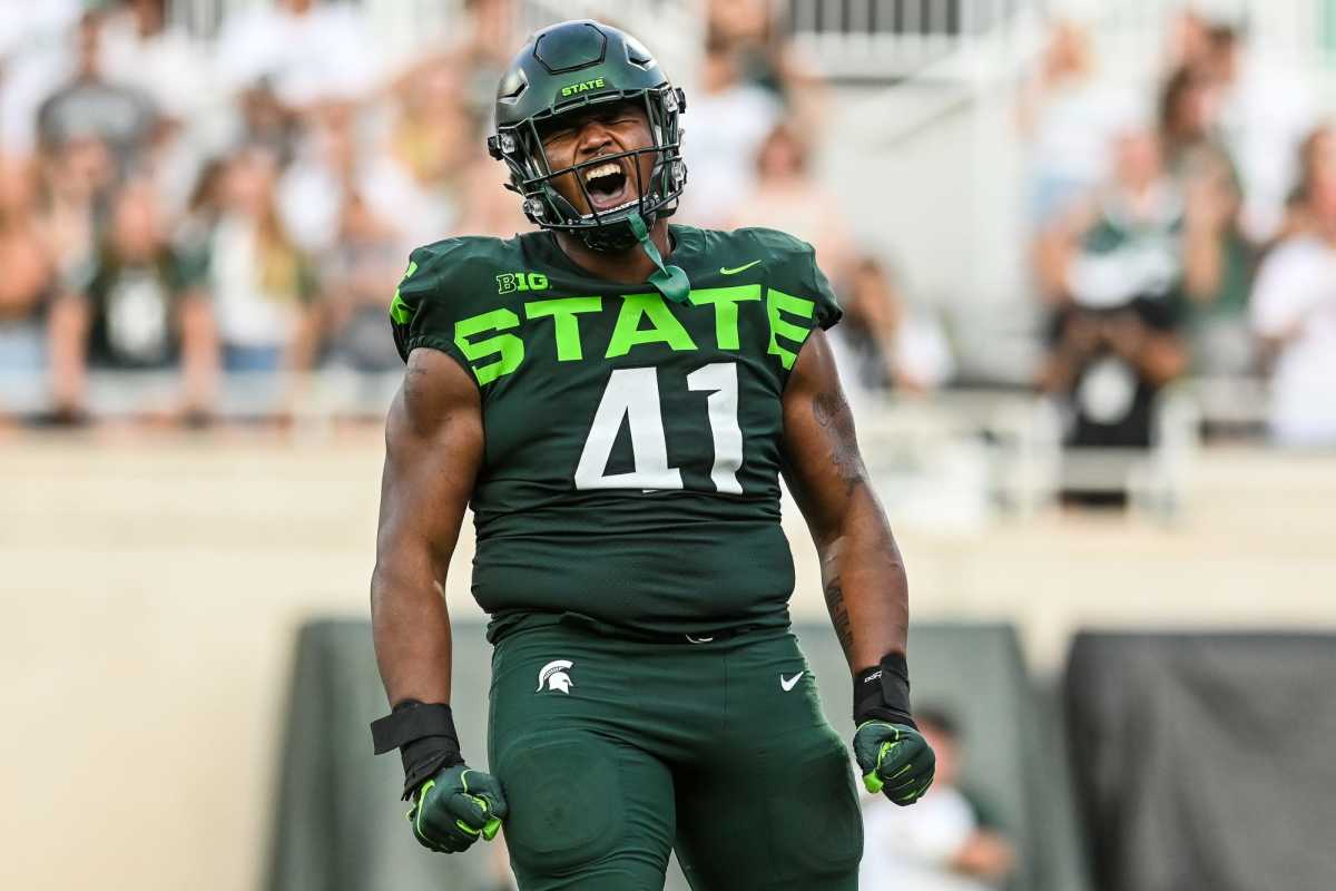 Michigan State's Derrick Harmon celebrates after a tackle for a loss against Akron during the third quarter on Saturday, Sept. 10, 2022, at Spartan Stadium in East Lansing. 220910 Msu Akron Fb 224a