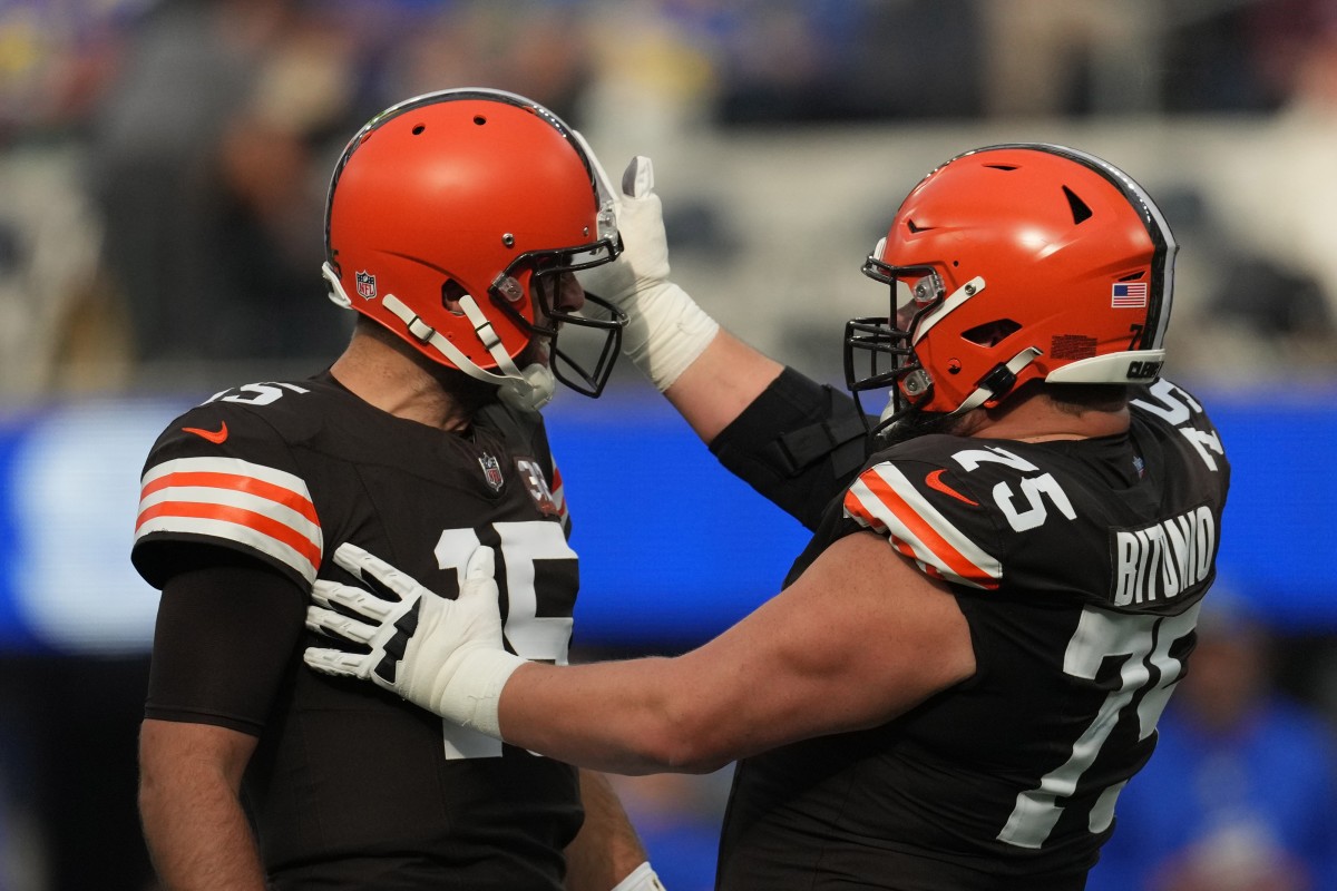 Dec 3, 2023; Inglewood, California, USA; Cleveland Browns quarterback Joe Flacco (15) celebrates with guard Joel Bitonio (75) after a touchdown against the Los Angeles Rams in the first half at SoFi Stadium. Mandatory Credit: Kirby Lee-USA TODAY Sports