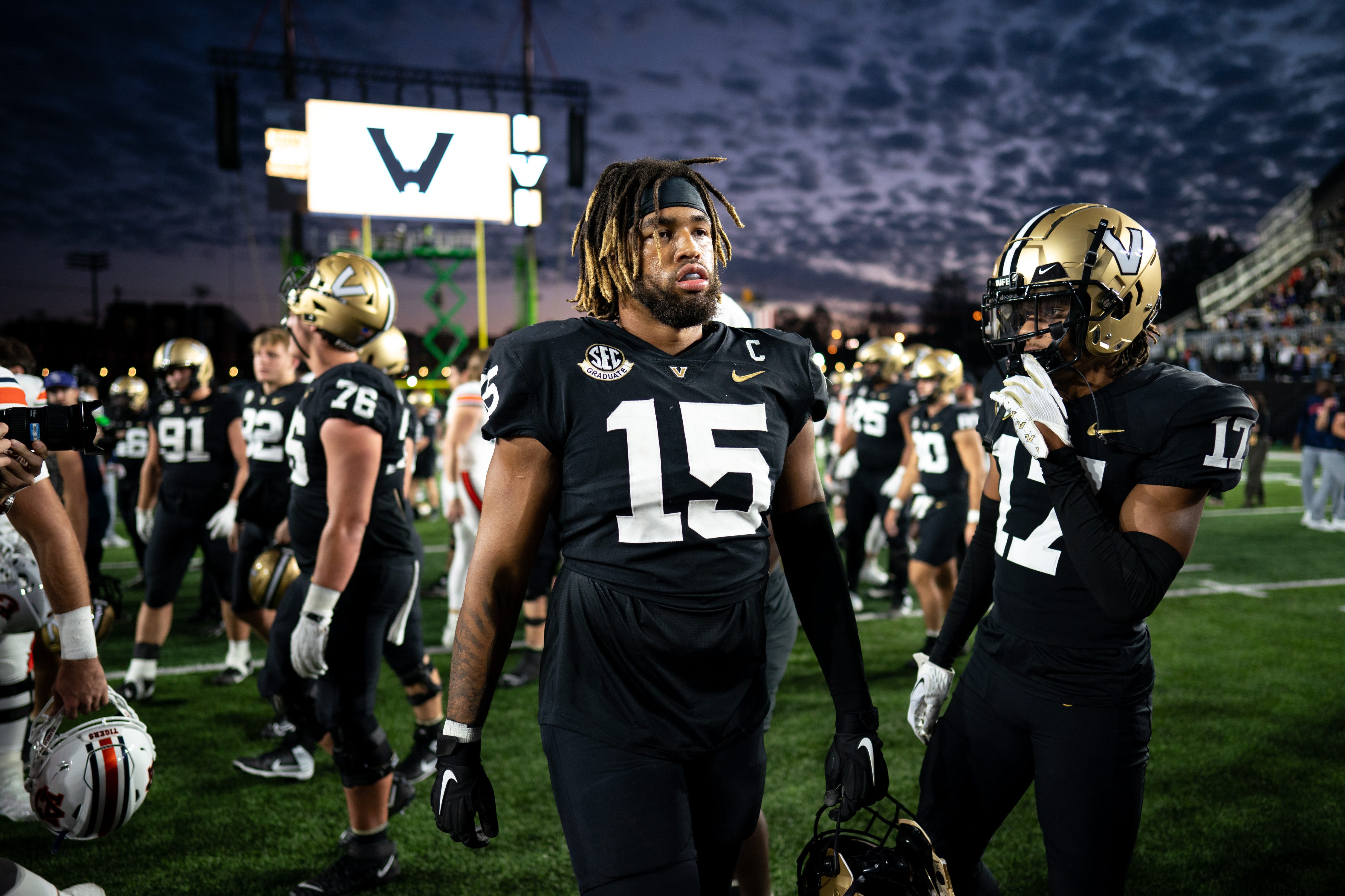 Vanderbilt defensive end Nate Clifton (15) exits the field after their loss to Auburn at FirstBank Stadium in Nashville, Tenn., Saturday, Nov. 4, 2023.