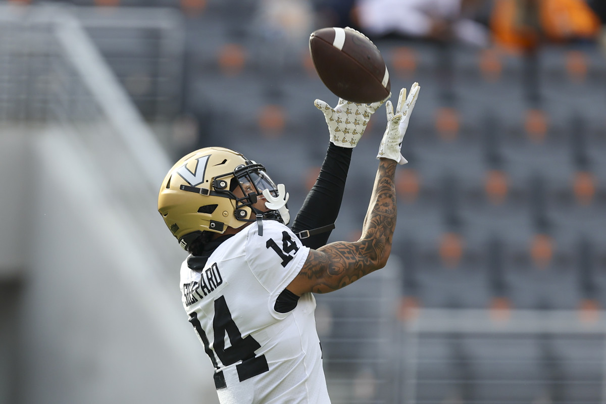 Nov 25, 2023; Knoxville, Tennessee, USA; Vanderbilt Commodores wide receiver Will Sheppard (14) catches a pass in warmups before the game against the Tennessee Volunteers at Neyland Stadium. Mandatory Credit: Randy Sartin-USA TODAY Sports