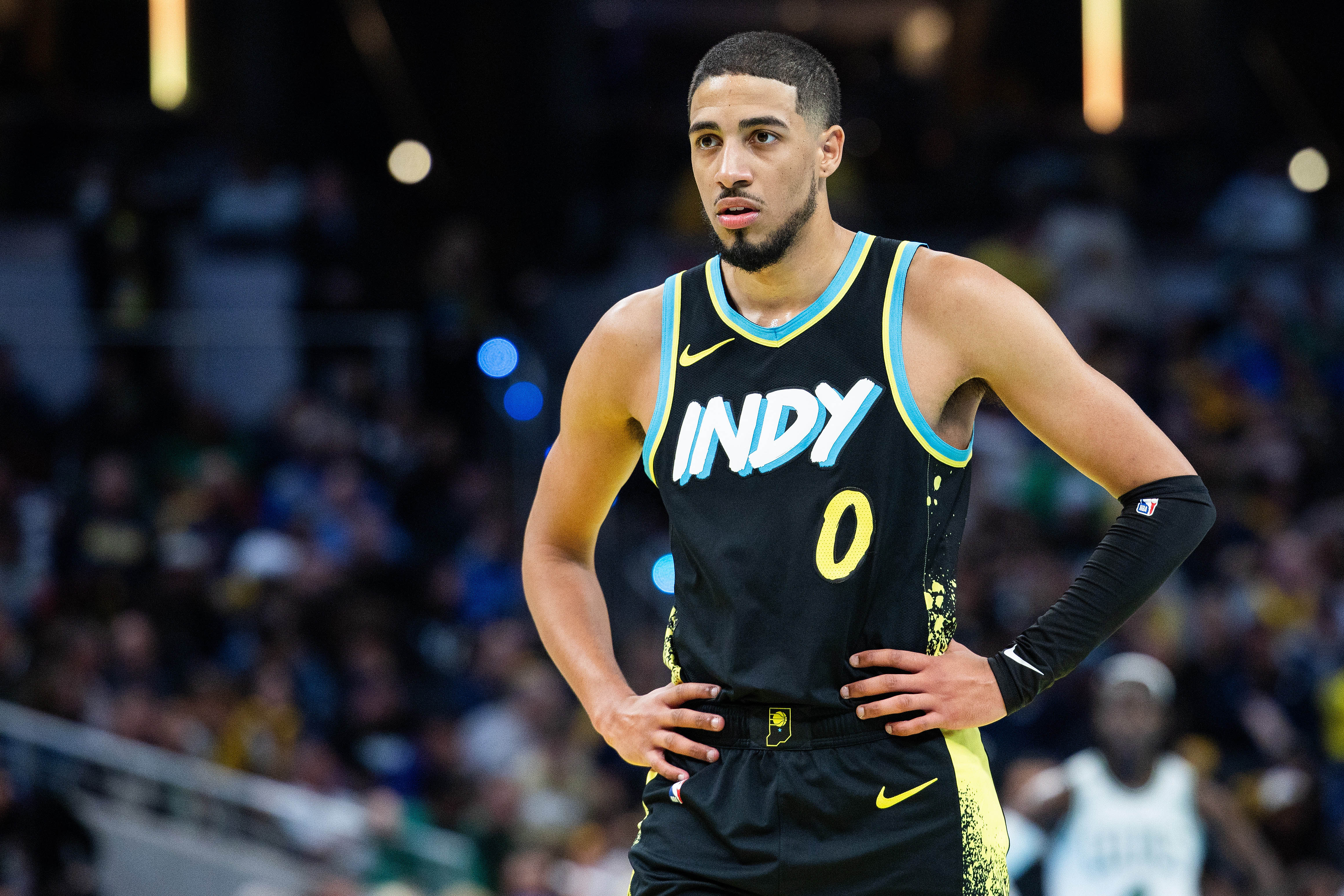 Dec 4, 2023; Indianapolis, Indiana, USA; Indiana Pacers guard Tyrese Haliburton (0) in the second half against the Boston Celtics at Gainbridge Fieldhouse.
