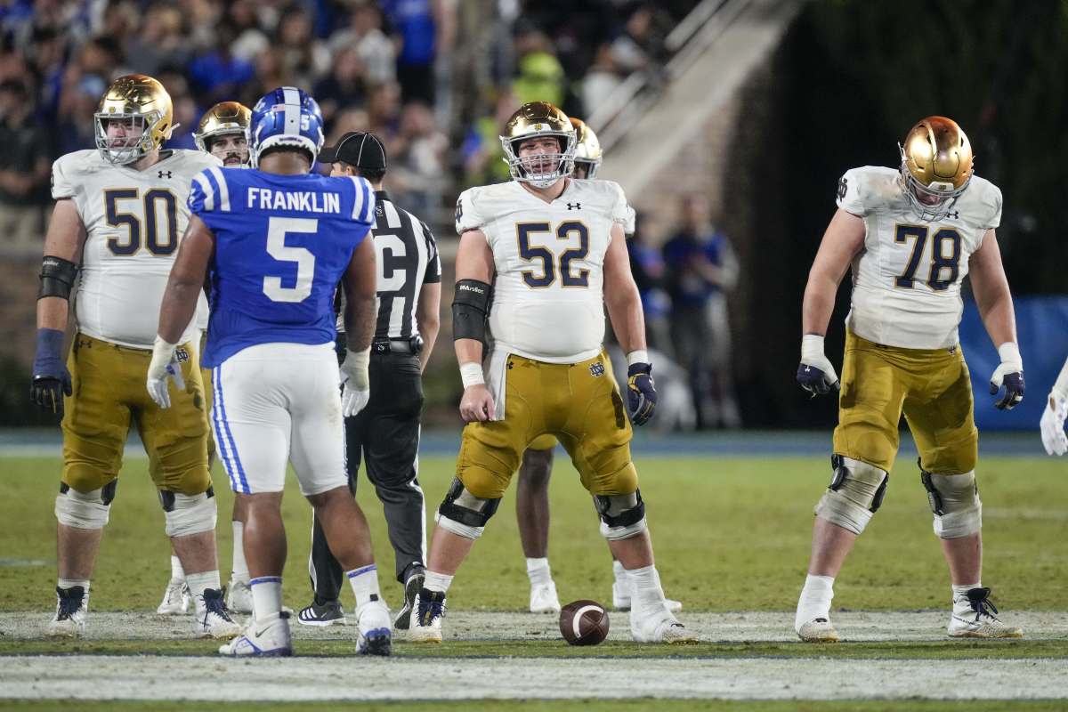 Sep 30, 2023; Durham, North Carolina, USA; Notre Dame Fighting Irish offensive lineman Rocco Spindler (50), offensive lineman Zeke Correll (52) and offensive lineman Pat Coogan (78) during the second half against the Duke Blue Devils at Wallace Wade Stadium. Mandatory Credit: Jim Dedmon-USA TODAY Sports