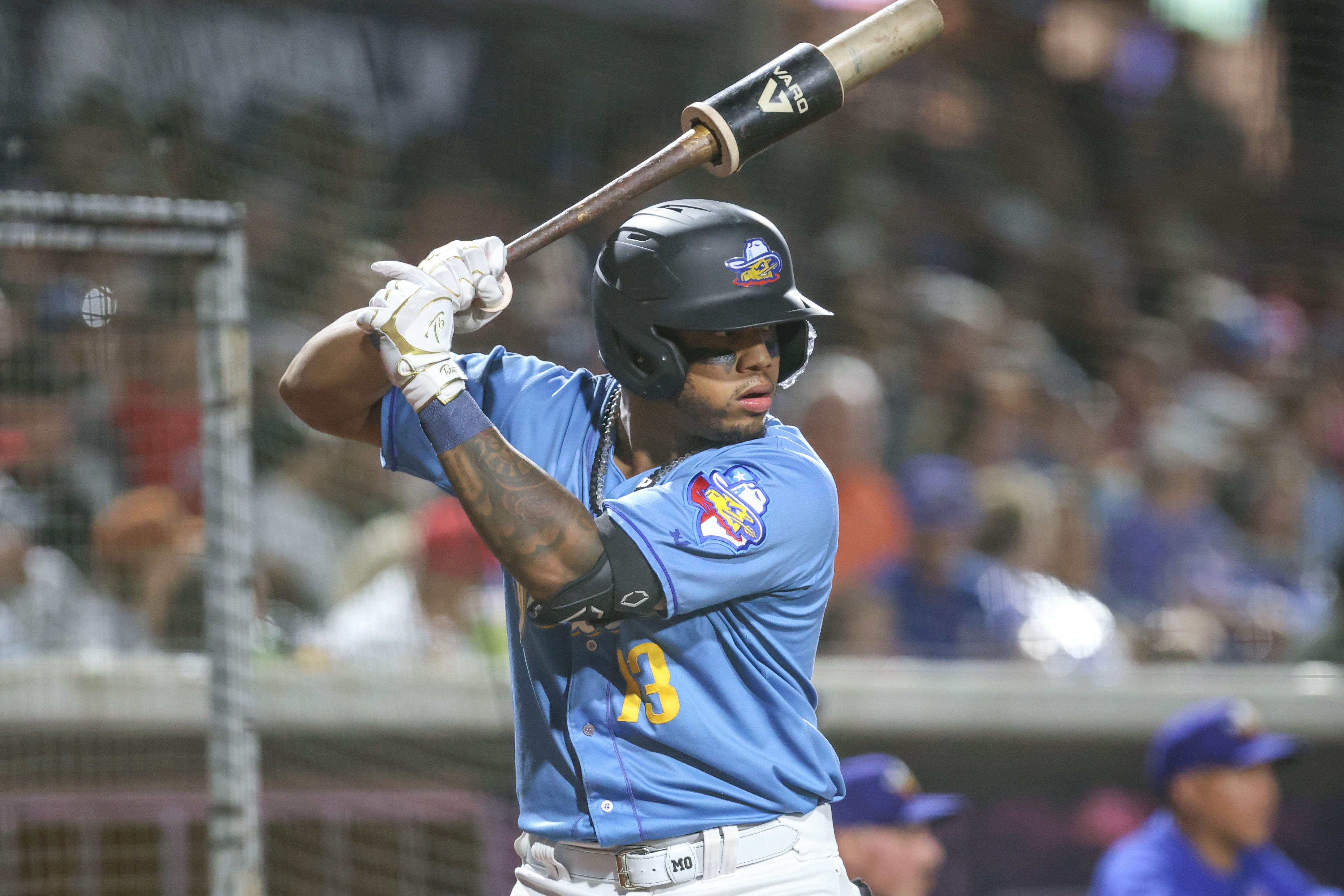 Amarillo Sod Poodles Deyvison De Los Santos (13) watches a pitch from the batter's circle in a Texas League Championship game against the Arkansas Travelers, Wednesday night, September 27, 2023, at Hodgetown, in Amarillo, Texas. The Amarillo Sod Poodles won 9-1.