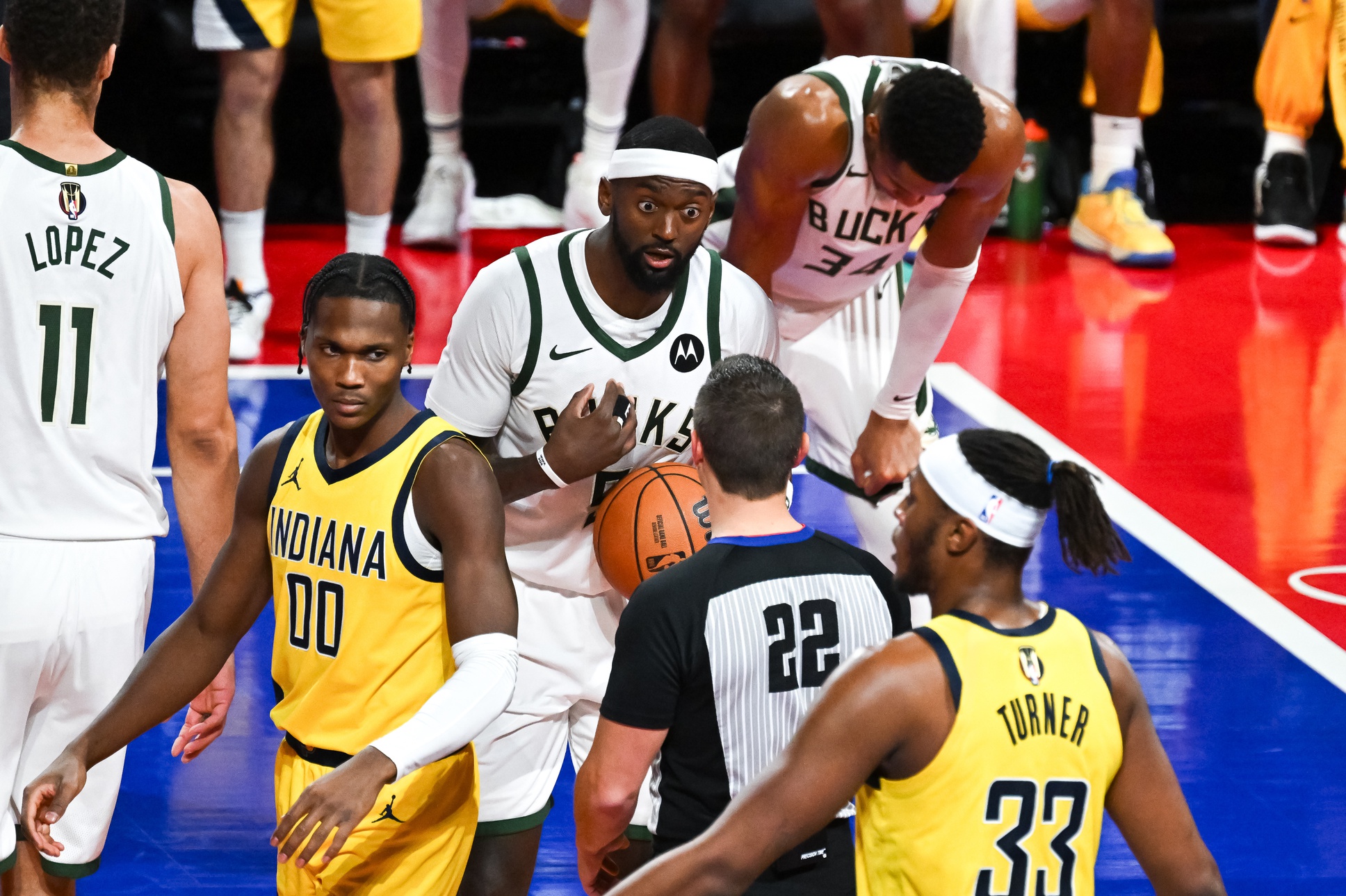 Milwaukee Bucks forward Bobby Portis (9) reacts to a call by the referee during the third quarter against the Indiana Pacers